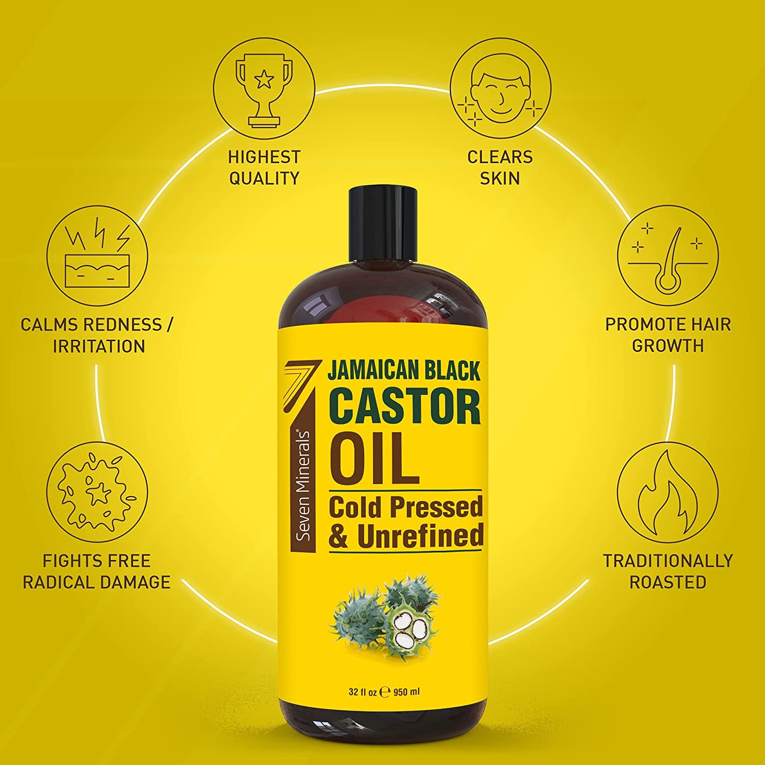Pure Jamaican Black Castor Oil - Big 32 Fl Oz Bottle - Unrefined & Hexane Free - 100% Pure Jamaican Black Castor Oil for Hair Growth, Thicker Eyelashes & Eyebrows, Dry Skin, Healing, Hair Care Health & Beauty > Personal Care > Hair Care Seven Minerals   