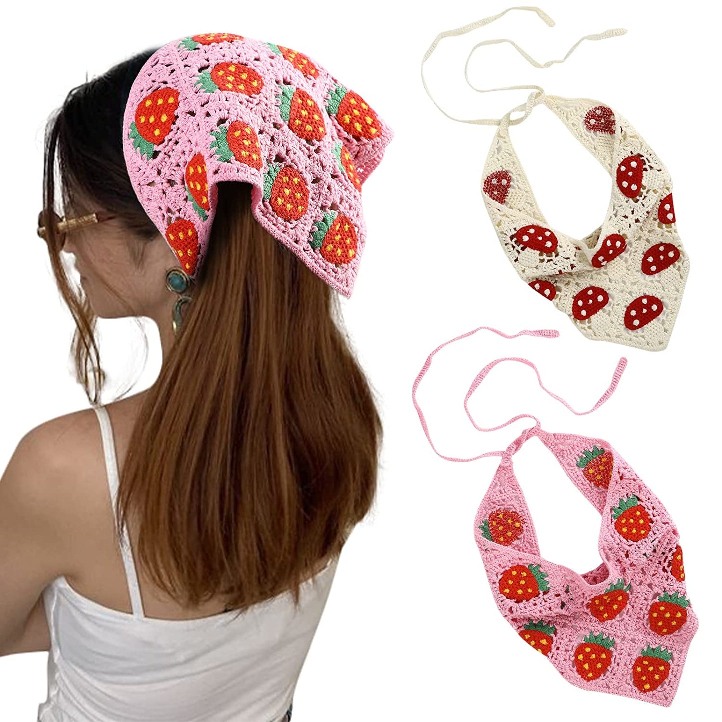 Crochet Bandana Head Kerchief Hair Scarf 2Pcs Knitted Hair Scarves Crochet Hair Kerchief Tie Bcak Headwrap Floral Hair Bandanas for Women Girls Scarf (Daisy(Purple+Green)) Apparel & Accessories > Clothing Accessories > Bandanas & Headties AWAYTR Strawberry Mushroom (Pink+beige)  