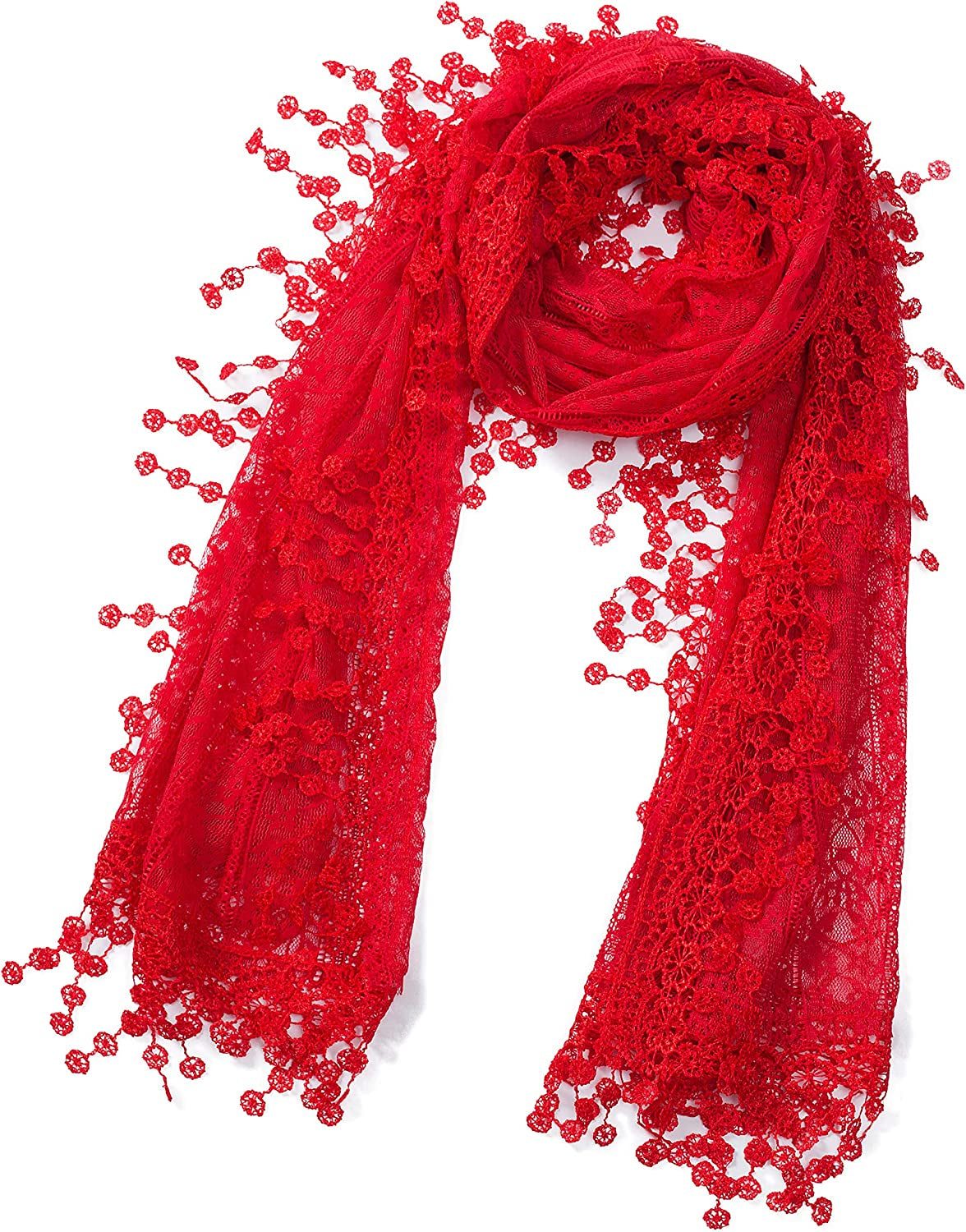 Cindy and Wendy Lightweight Soft Leaf Lace Fringes Scarf Shawl for Women Apparel & Accessories > Clothing Accessories > Scarves & Shawls Cindy and Wendy Red-2  