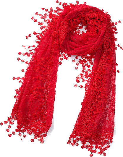 Cindy and Wendy Lightweight Soft Leaf Lace Fringes Scarf Shawl for Women Apparel & Accessories > Clothing Accessories > Scarves & Shawls Cindy and Wendy Red-2  
