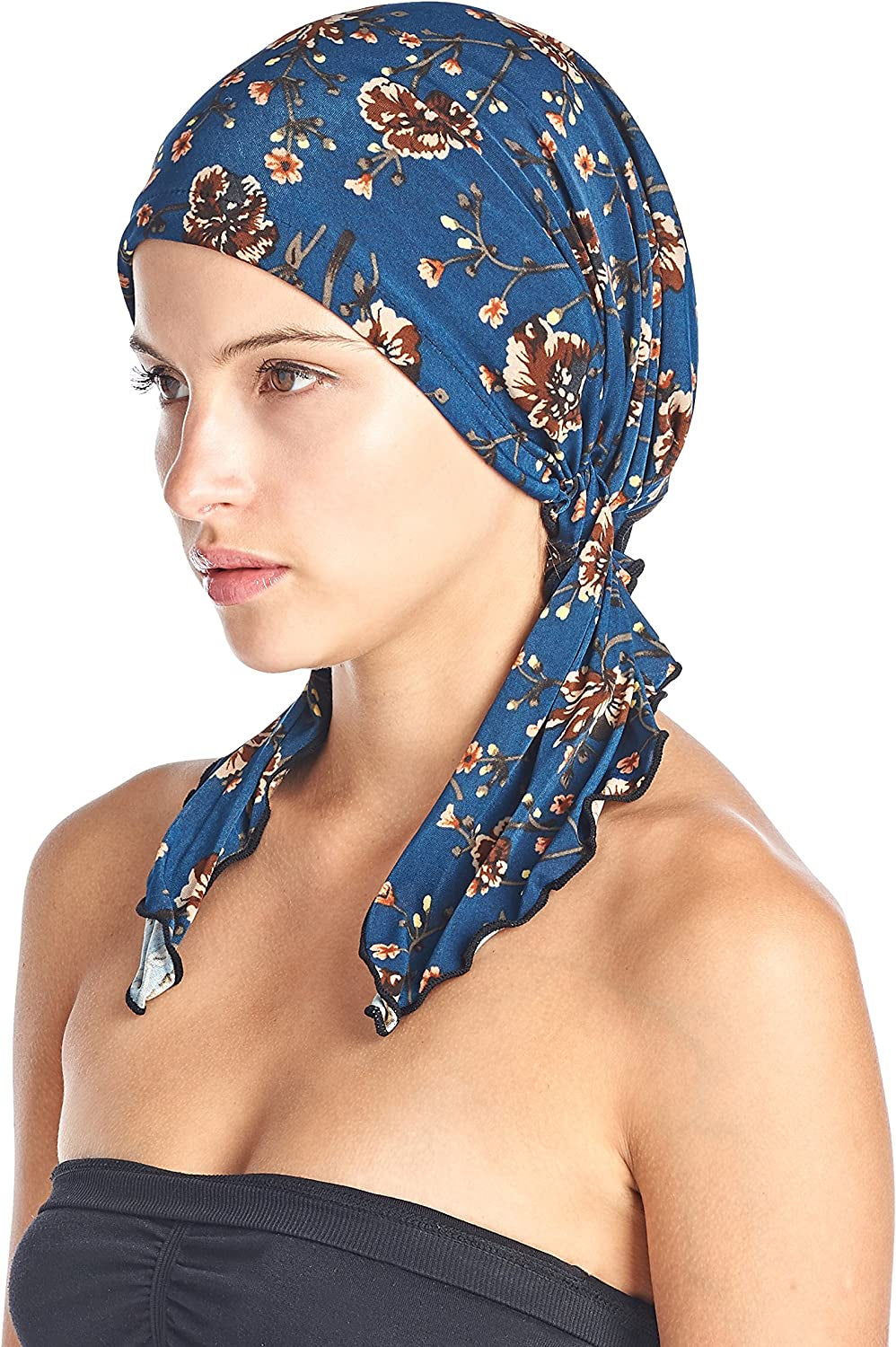 Ashford & Brooks Pre Tied Bandana Turban Chemo Head Scarf Sleep Hair Cover Hat Apparel & Accessories > Clothing Accessories > Bandanas & Headties Ashford & Brooks Denim Brown Floral One Size 