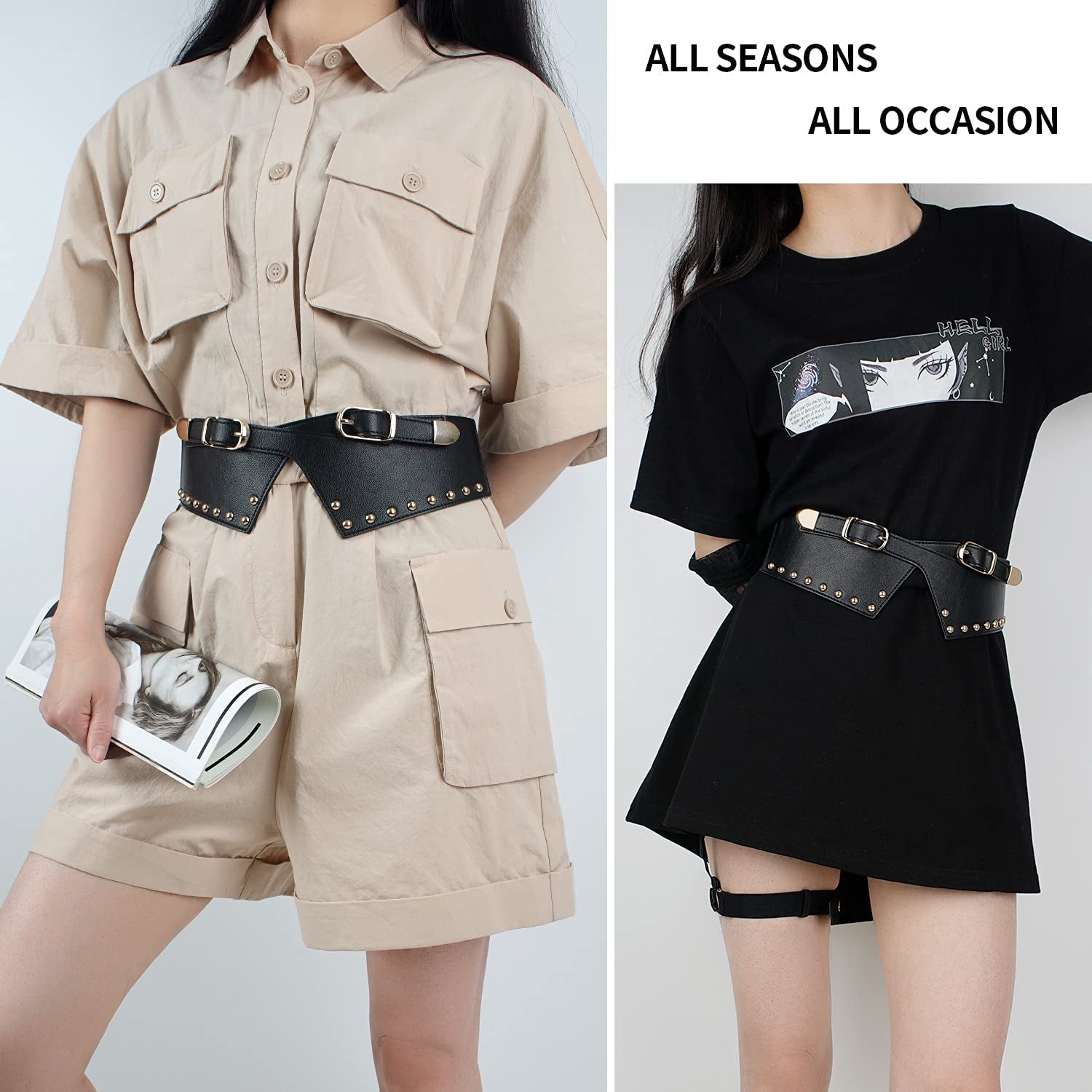 FIORETTO Womens Dress Belt Wide Black Fashion Studded Belts S Size Fit Waist Girth from 25" to 29" Apparel & Accessories > Clothing Accessories > Belts FIORETTO   