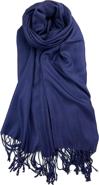 Plum Feathers Premium Solid Color and Metallic Fashion Scarf, Womens Pashmina Shawl Wrap with Fringes Apparel & Accessories > Clothing Accessories > Scarves & Shawls Plum Feathers Navy  