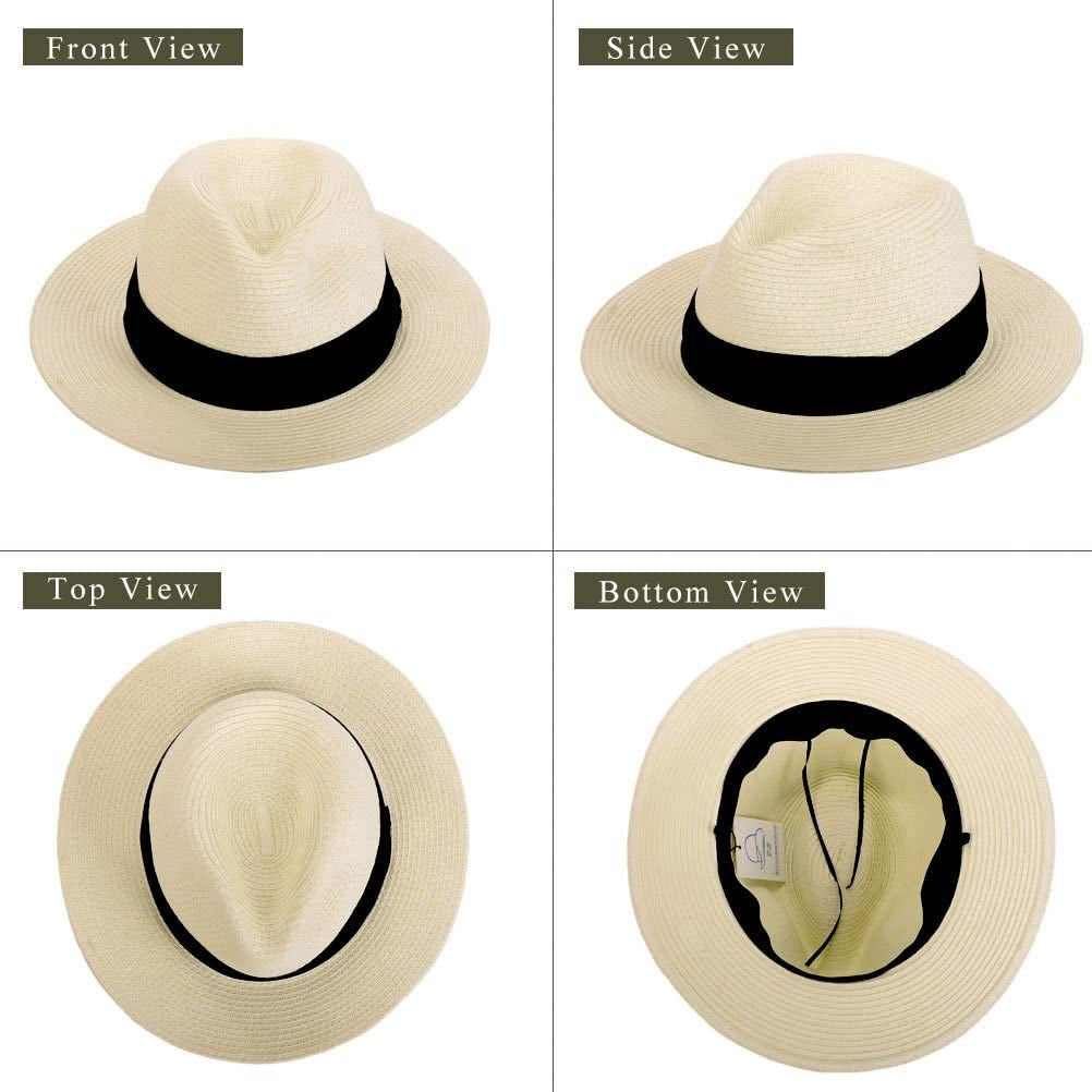 Panama Straw Hats for Women Summer Beach Sun Hat Wide Brim Fedora Cap UPF50+ Apparel & Accessories > Clothing Accessories > Hats KYLIE MAX   