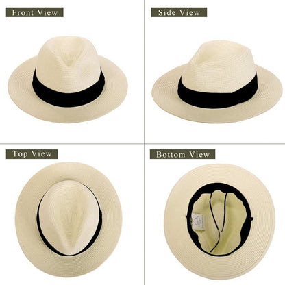 Panama Straw Hats for Women Summer Beach Sun Hat Wide Brim Fedora Cap UPF50+ Apparel & Accessories > Clothing Accessories > Hats KYLIE MAX   