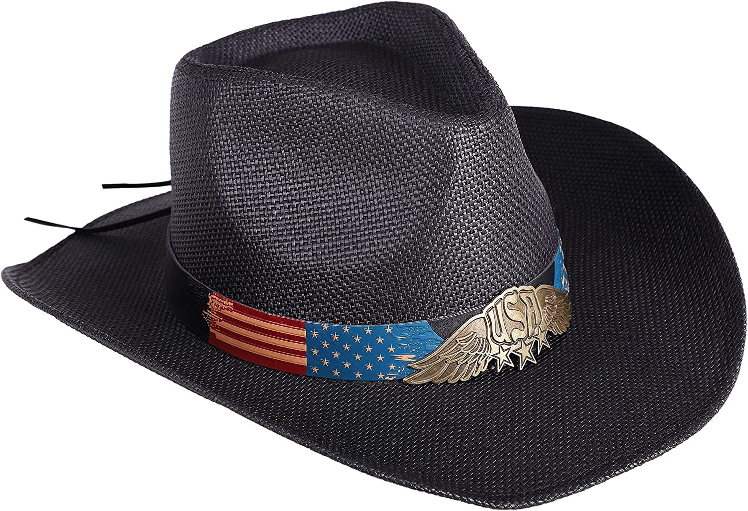 Livingston Men & Women'S Woven Straw Cowboy Hat W/Hat Band Apparel & Accessories > Clothing Accessories > Hats KYLIE MAX Flag Band_black  
