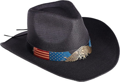 Livingston Men & Women'S Woven Straw Cowboy Hat W/Hat Band Apparel & Accessories > Clothing Accessories > Hats KYLIE MAX Flag Band_black  