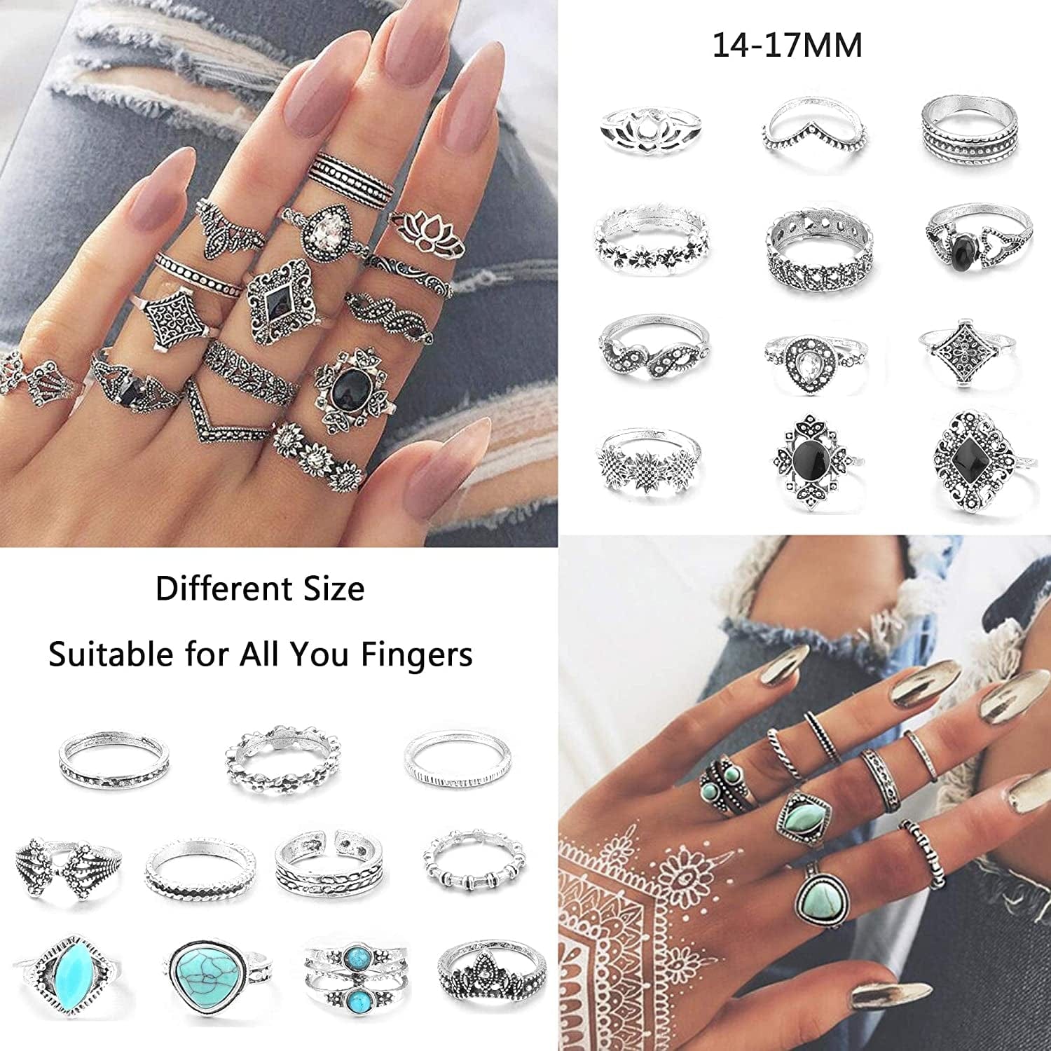 43-70PCS Knuckle Ring Set for Women Joint Stackable Midi Finger Ring Bohemian Retro Vintage Jewelry