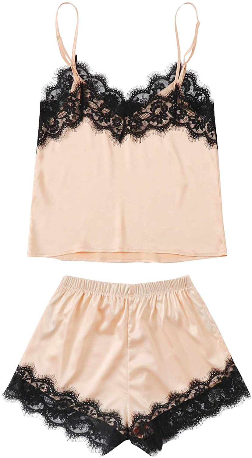 Makemechic Women'S Lace Satin Sleepwear Cami Top and Shorts Pajama Set Apparel & Accessories > Clothing > Sleepwear & Loungewear Kylie Max   