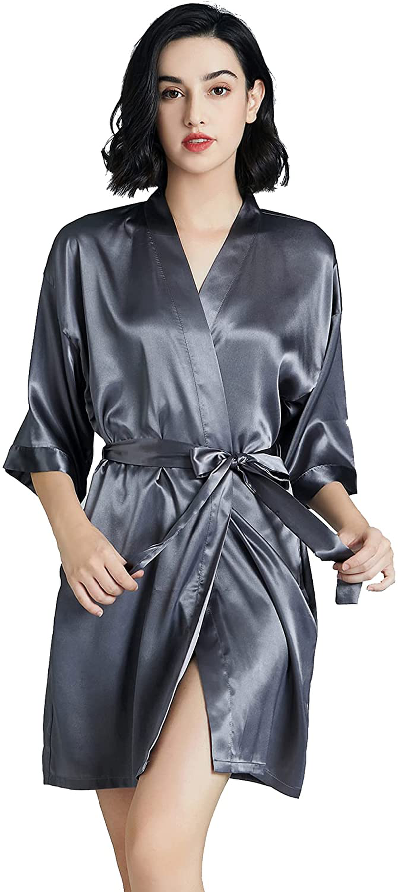 Women Bridesmaid Bridal Silk Robes - Short Pure Color Satin Kimono Bathrobes for Women,Wedding Party Getting Ready Robes Apparel & Accessories > Clothing > Sleepwear & Loungewear > Robes Vphom Grey Large 