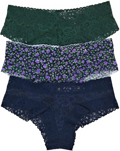Victoria'S Secret the Lacie Cheeky Panty Set of 3 Apparel & Accessories > Clothing > Underwear & Socks > Underwear Victoria's Secret Emerald / Purple Mini Floral / Navy X-Large 