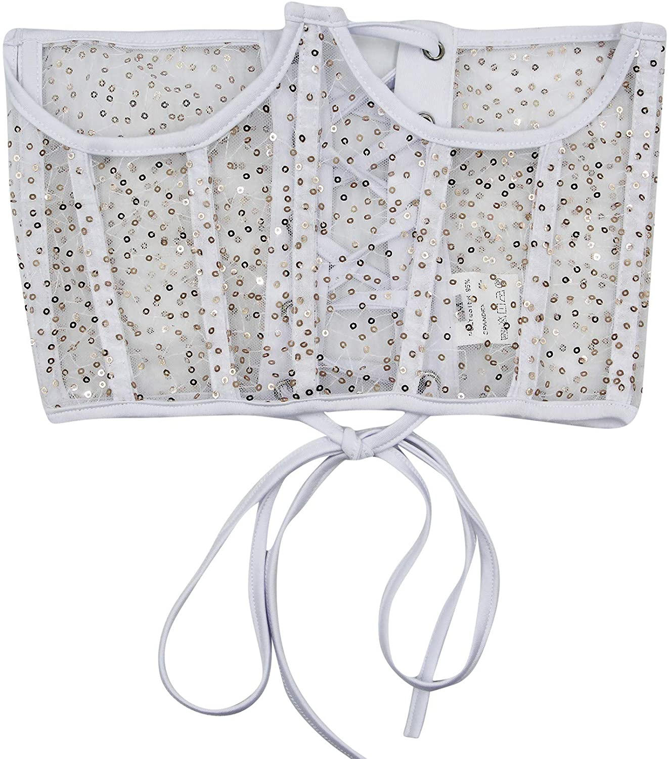 JUMISEE Women See through Mesh Lace up Bustier Corset Metal Chain Boned Overbust Waist Cincher Wide Belt Apparel & Accessories > Clothing > Underwear & Socks > Lingerie JUMISEE Sequins White Small 