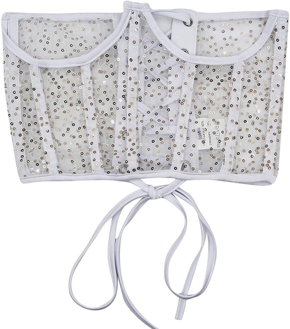 JUMISEE Women See through Mesh Lace up Bustier Corset Metal Chain Boned Overbust Waist Cincher Wide Belt Apparel & Accessories > Clothing > Underwear & Socks > Lingerie JUMISEE Sequins White Small 
