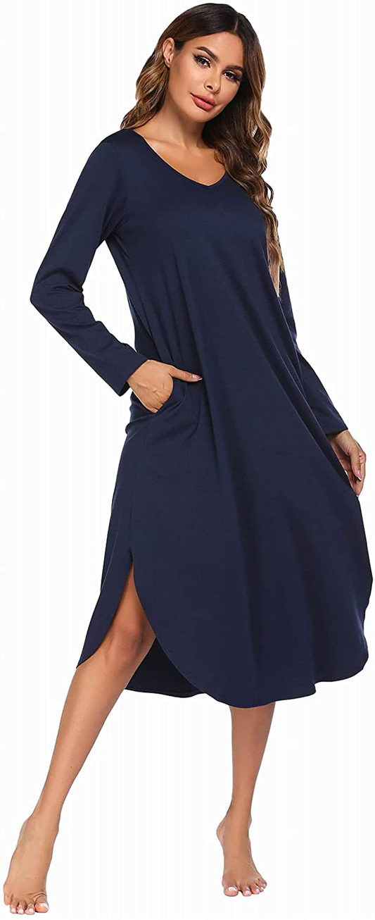 Ekouaer Nightgowns Womens V Neck Nightshirts Long Sleeve Sleepwear plus Size Night Wear S-XXL Apparel & Accessories > Clothing > Sleepwear & Loungewear > Nightgowns Kylie Max   