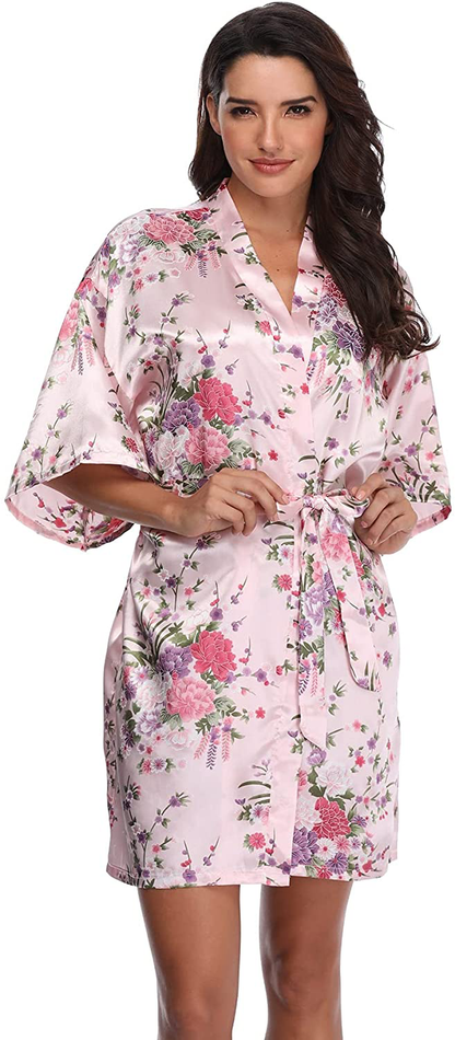Women'S Floral Short Satin Bridesmaid Robes Silky Bride Robes Getting Ready Apparel & Accessories > Clothing > Sleepwear & Loungewear > Robes Super Shopping-zone Pink Floral Medium 