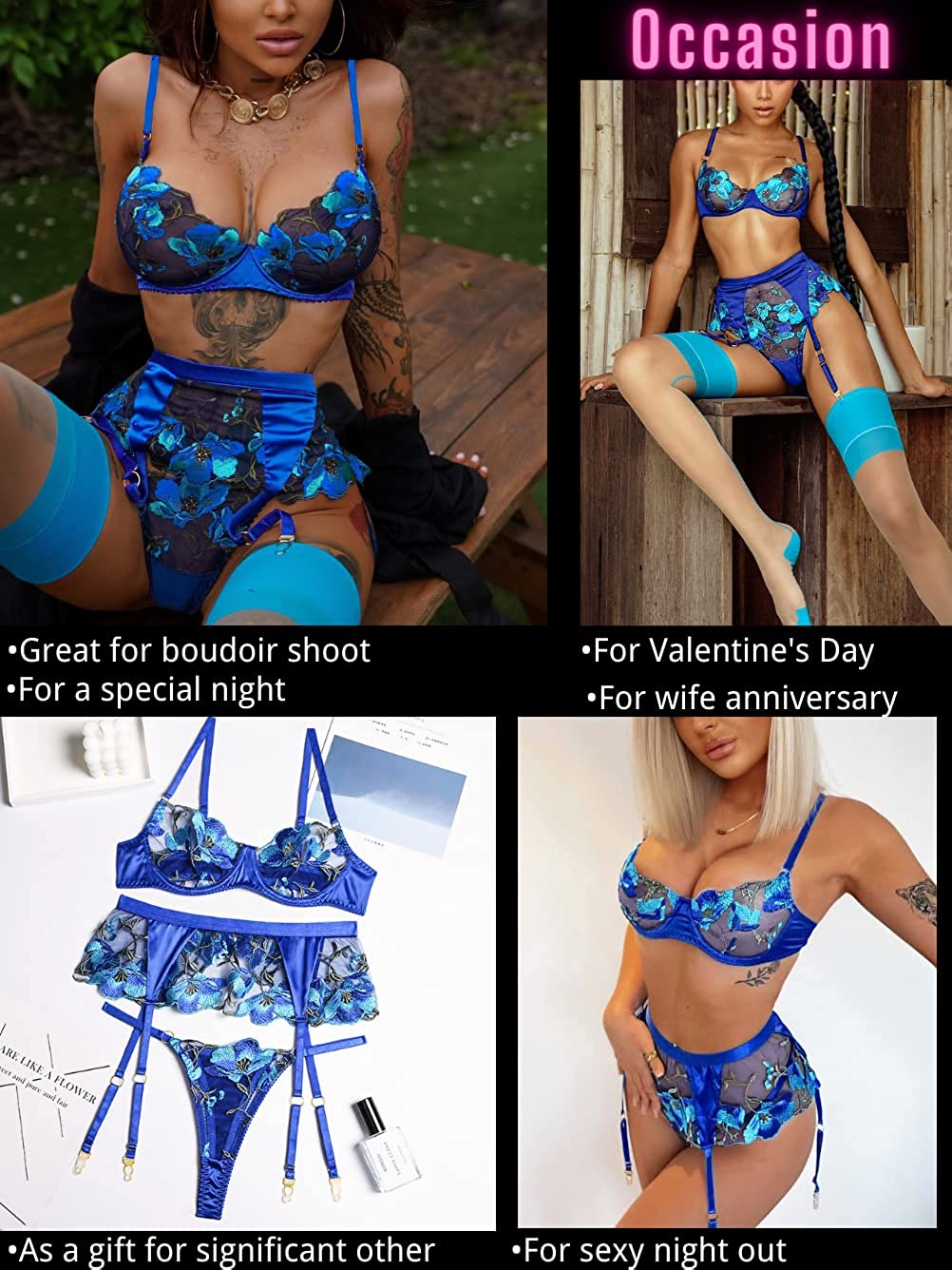 Kaei&Shi Floral Embroidered Sheer,Underwire,High Waisted Belt,Thong,Garter Lingerie Set Apparel & Accessories > Clothing > Underwear & Socks > Lingerie Kaei&Shi   