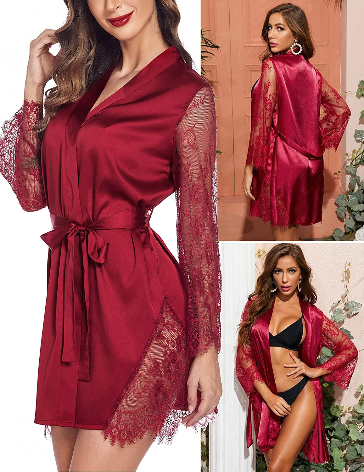 Avidlove Satin Kimono Robes for Women Sexy Silk Nightgowns Lace Sleeve Babydoll Lingerie Set Apparel & Accessories > Clothing > Sleepwear & Loungewear > Robes Avidlove   