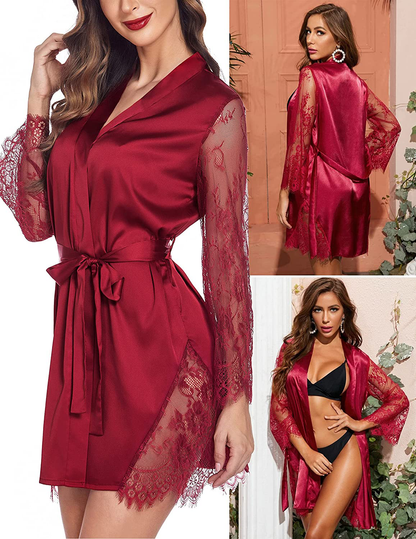 Avidlove Satin Kimono Robes for Women Sexy Silk Nightgowns Lace Sleeve Babydoll Lingerie Set Apparel & Accessories > Clothing > Sleepwear & Loungewear > Robes Avidlove   