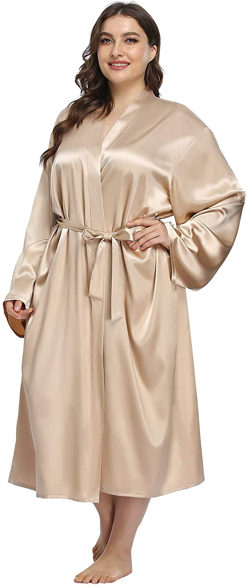 Ifigure Women'S plus Size Satin Robe Long Bathrobes Dressing Gown Soft Sleepwear Apparel & Accessories > Clothing > Sleepwear & Loungewear > Robes iFigure Champagne Gold 1X 