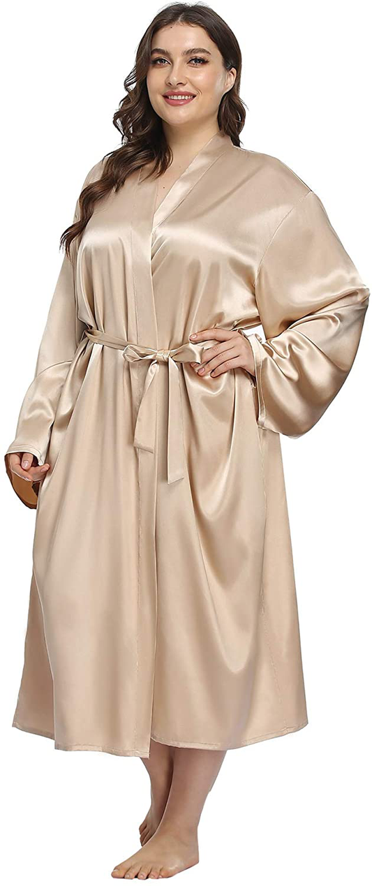 Ifigure Women'S plus Size Satin Robe Long Bathrobes Dressing Gown Soft Sleepwear Apparel & Accessories > Clothing > Sleepwear & Loungewear > Robes iFigure Champagne Gold 1X 