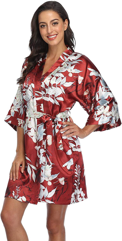 Season Dressing Women Floral Robes Bridesmaids Short Satin Kimono Sleepwear for Wedding Party Apparel & Accessories > Clothing > Sleepwear & Loungewear > Robes season dressing Campanula Wine Red Small 