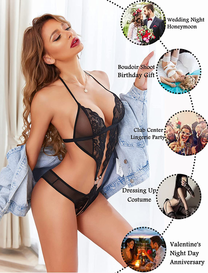 Avidlove Women Deep V Lingerie Lace Teddy One Piece Babydoll Mini Bodysuit Apparel & Accessories > Clothing > Underwear & Socks > Lingerie Kylie Max   