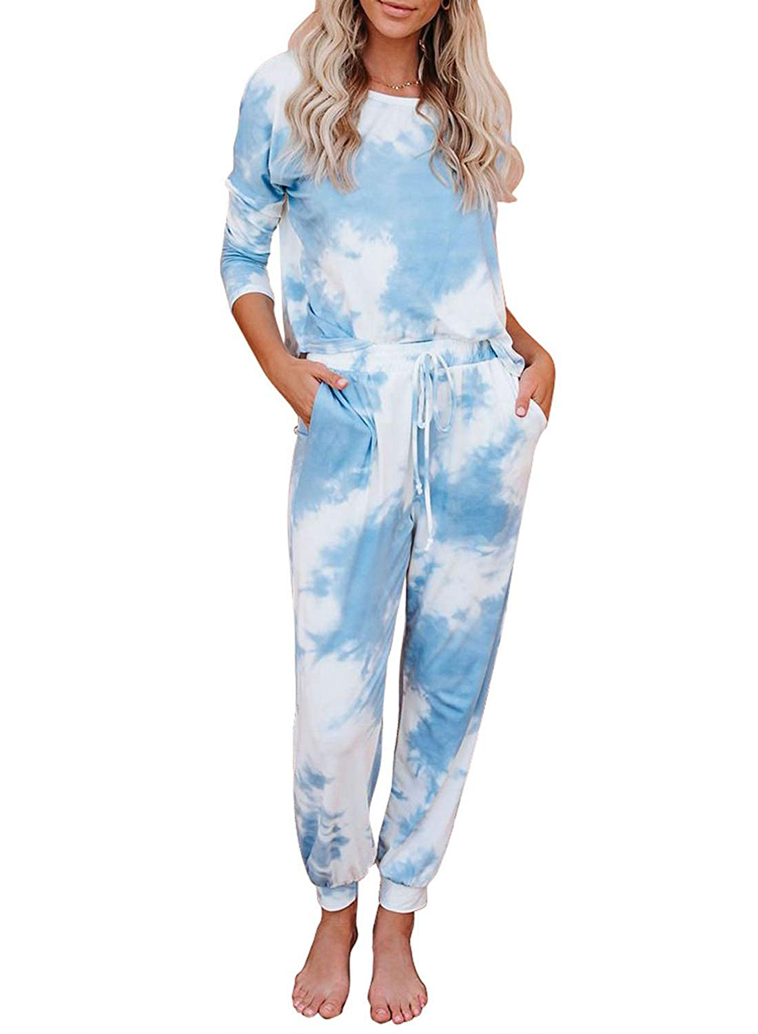 luvamia Women Tie Dye Pajama Sets Long Sleeve Tops and Pants PJ Sets Joggers Loungewear Sleepwear Apparel & Accessories > Clothing > Sleepwear & Loungewear > Pajamas KYLIE MAX Sky Blue Large 