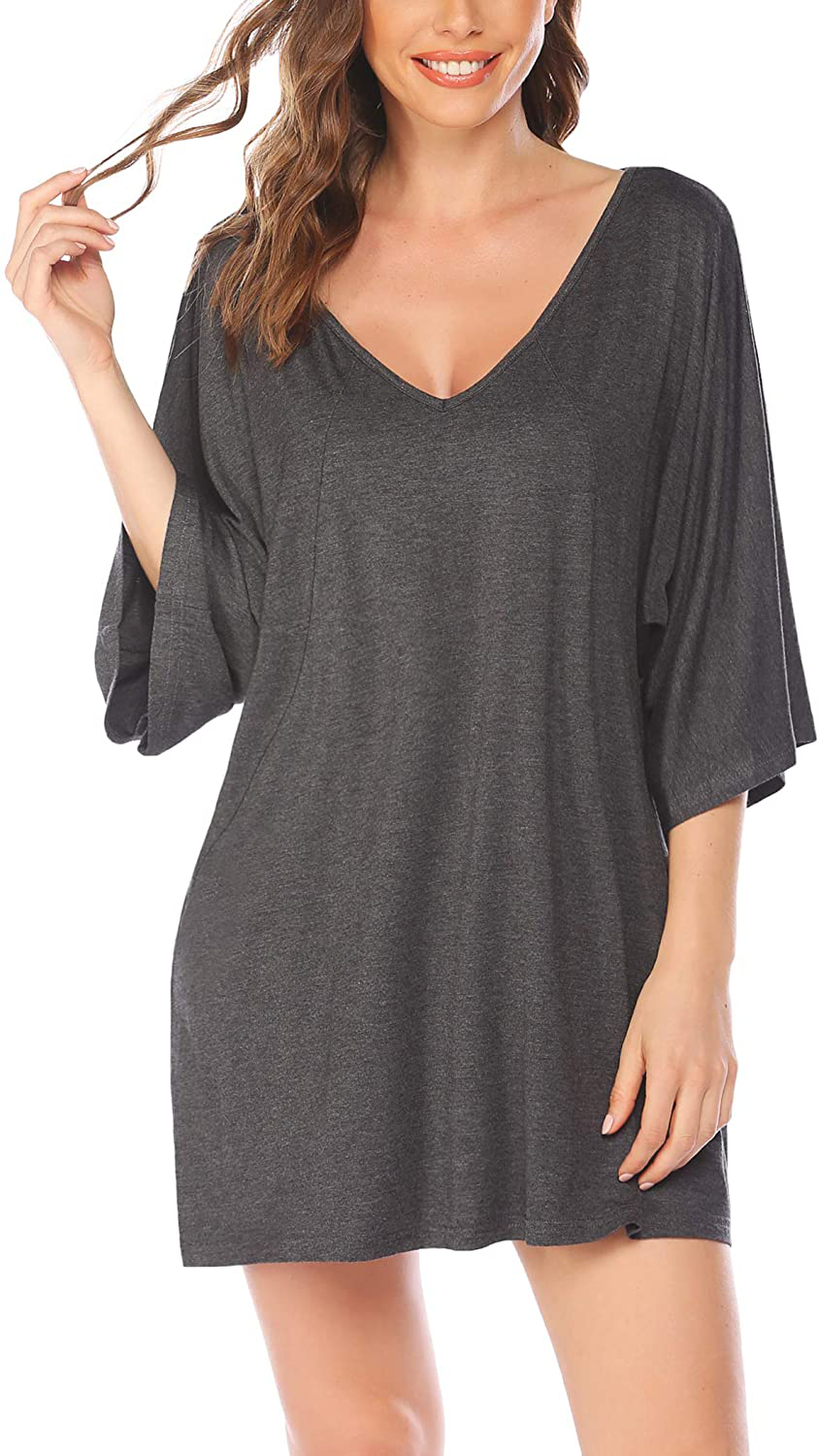 Ekouaer Women'S Sleepshirt Deep V Neck Nightgown Batwing Nightshirt Oversized Sleepwear Loungewear plus Size Apparel & Accessories > Clothing > Sleepwear & Loungewear > Nightgowns Kylie Max   