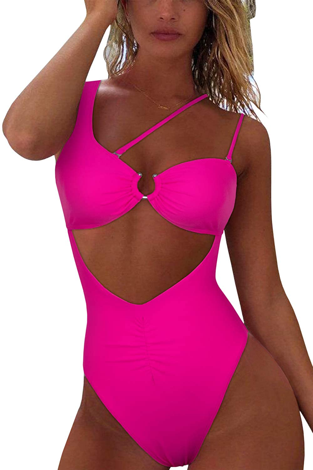 QINSEN Womens One Shoulder Cutout Ruched Back High Cut Monokini One Piece Swimsuit Apparel & Accessories > Clothing > Swimwear Kylie Max   
