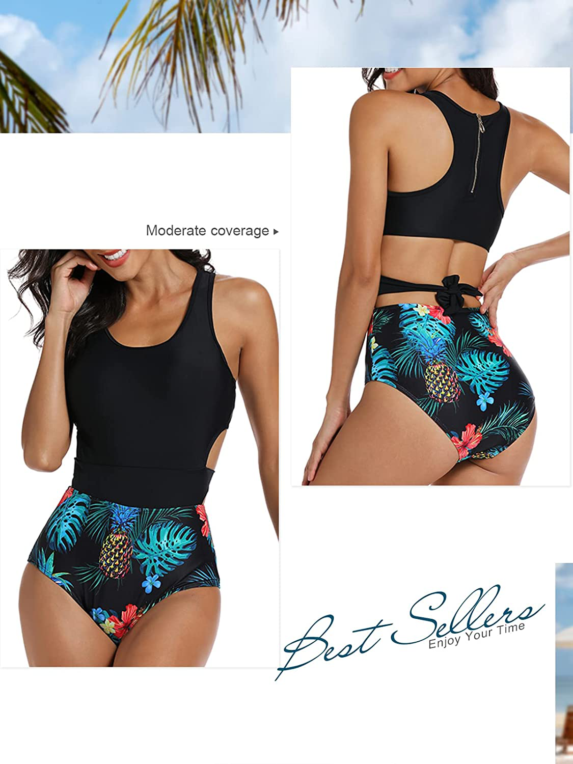 MOLYBELL One Piece Swimsuits for Women High Waisted Bathing Suit Monokini Floral Print Cutout Racerback Zip Up  Kylie Max   