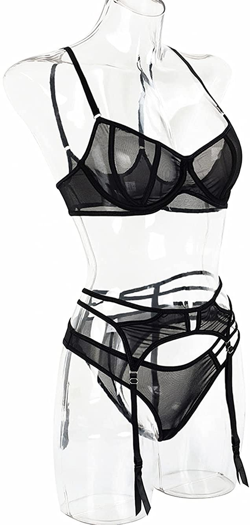 Kaei&Shi Sheer Mesh,Underwire,Cutout Thong,Garter Bet,3 Piece Lingerie Set Apparel & Accessories > Clothing > Underwear & Socks > Lingerie Kaei&Shi   