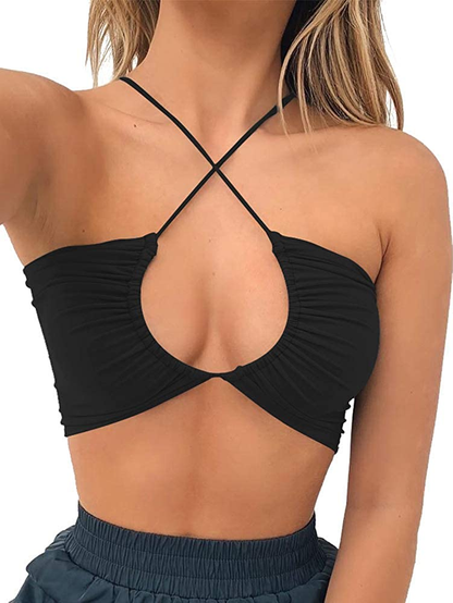 TOB Women'S Sexy Criss Cross Lace up Sling Basic Bow Tie Crop Top Apparel & Accessories > Clothing > Underwear & Socks > Lingerie TOB Black Small 