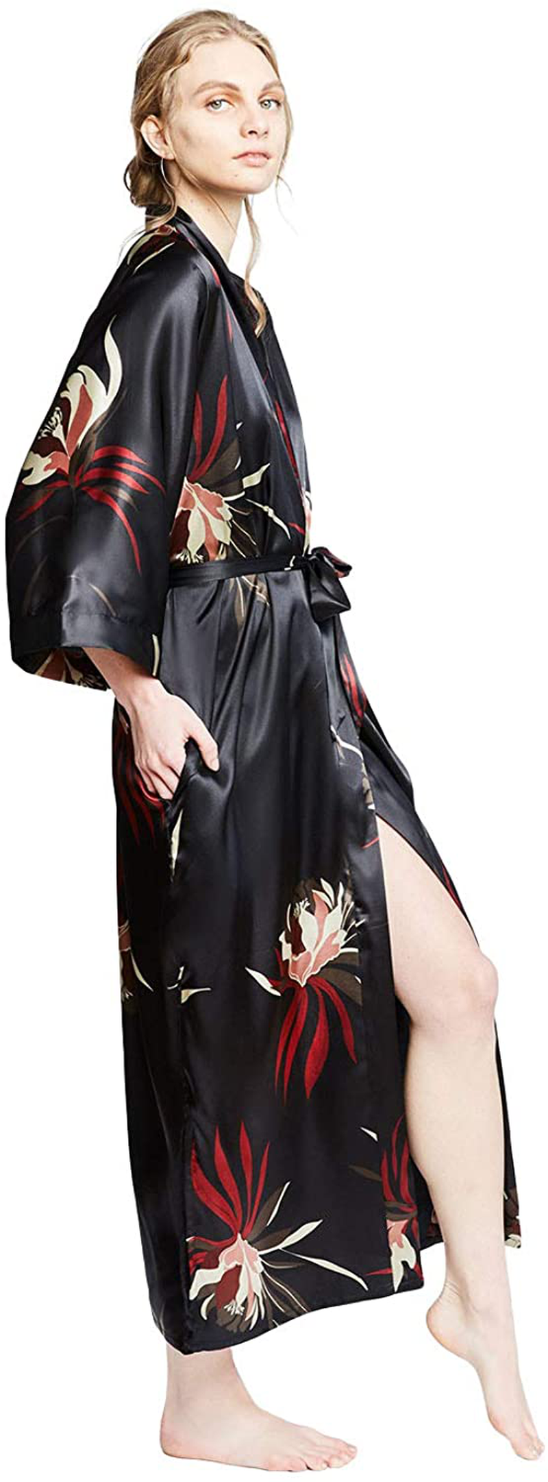 KIM+ONO Women'S Satin Kimono Robe Long - Floral Apparel & Accessories > Clothing > Sleepwear & Loungewear > Robes KIM+ONO   