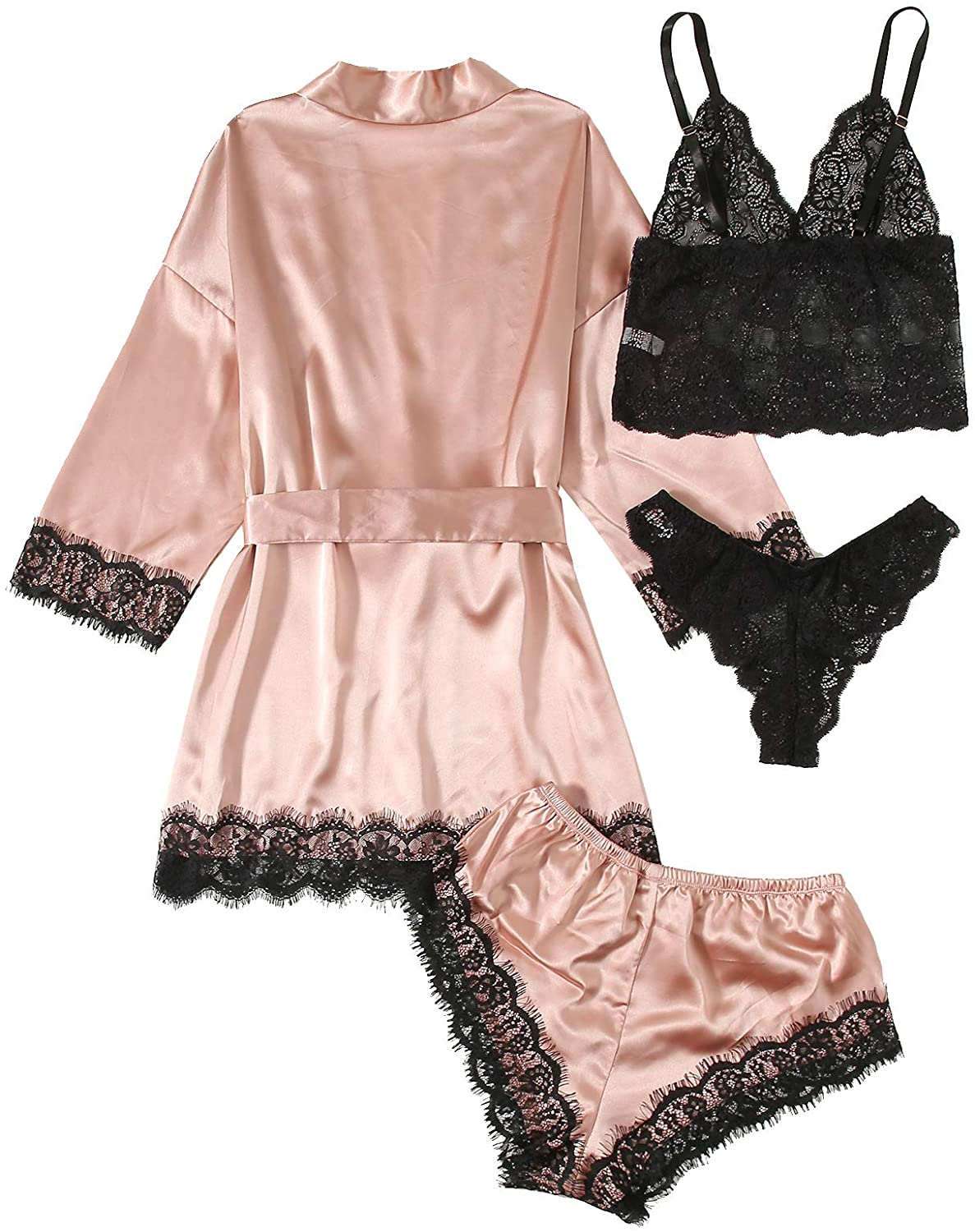 WDIRARA Women'S 4 Pieces Satin Floral Lace Cami Top Lingerie Pajama Set with Robe Apparel & Accessories > Clothing > Underwear & Socks > Lingerie WDIRARA   