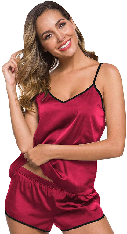 SWOMOG Womens Silk Satin Pajamas Set Sexy Lingerie Sleepwear Cami Shorts Set Nightwear Apparel & Accessories > Clothing > Sleepwear & Loungewear Kylie Max   