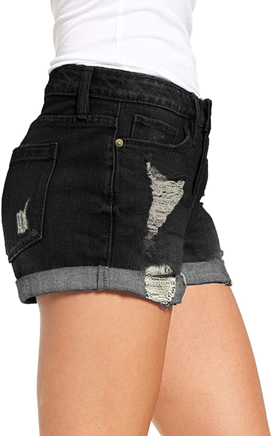 Luvamia Women'S Ripped Denim Jean Shorts High Waisted Stretchy Folded Hem Short Jeans Apparel & Accessories > Clothing > Shorts Kylie Max   
