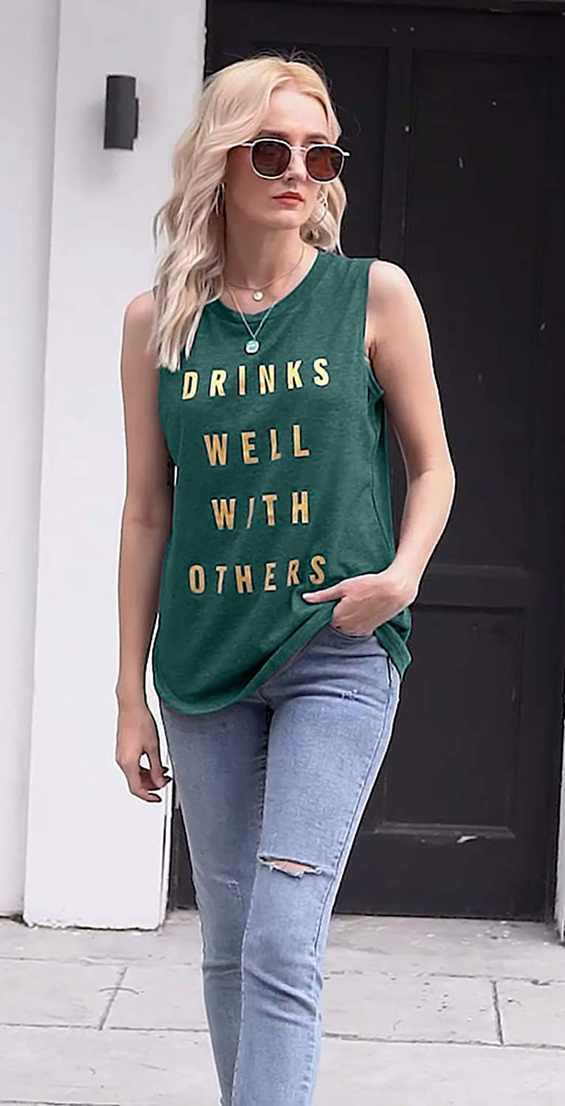 Drinks Well with Others Muscle Tank Tops Womens Funny Drinking Alcohol Sleeveless Letter Printed Graphic Tee Shirt Tops Apparel & Accessories > Clothing > Activewear Kylie Max   