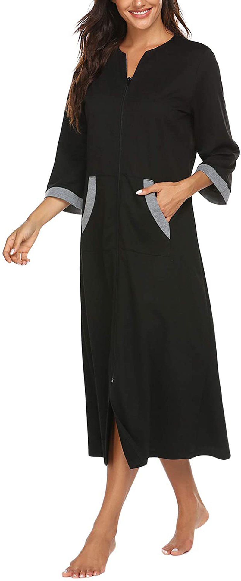 Ekouaer Women Zipper Robe 3/4 Sleeves Loungewear Full Length Sleepwear Pockets Housecoat Long Soft Bathrobe Apparel & Accessories > Clothing > Sleepwear & Loungewear > Robes Ekouaer   