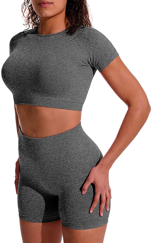 OYS Women'S Yoga 2 Piece Outfits Workout Running Crop Top Seamless High Waist Sports Shorts Sets Apparel & Accessories > Clothing > Underwear & Socks > Lingerie OYS 1#grey Large 