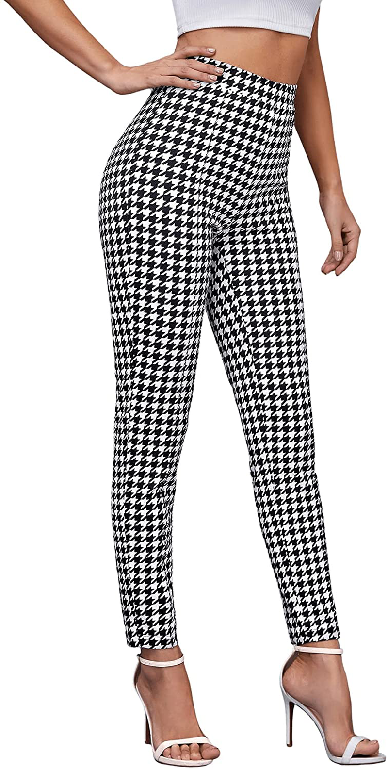 SweatyRocks Women's Casual Skinny Leggings Stretchy High Waisted Work Pants Apparel & Accessories > Clothing > Activewear SweatyRocks Houndstooth White Black Small 