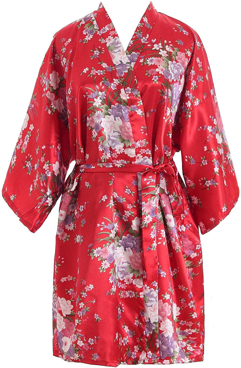Peony Floral Silk Kimono Robe Bride Bridal Bridesmaid Robes Dressing Gown Housecoat Bathrobe for Women Apparel & Accessories > Clothing > Sleepwear & Loungewear > Robes QXQTER Red C Large-X-Large 
