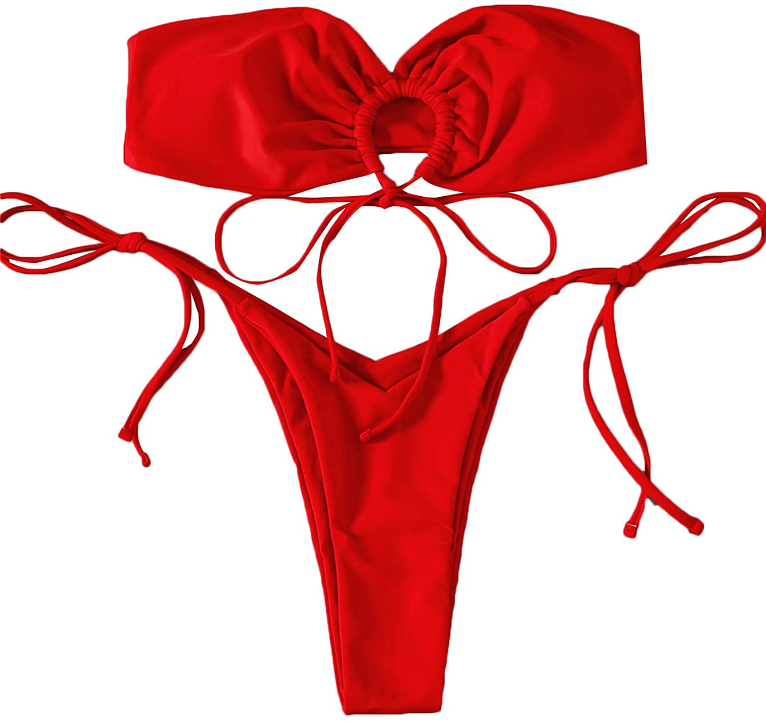 SOLY HUX Women's Floral Print Tie Front Bikini Bathing Suit 2 Piece Swimsuits Apparel & Accessories > Clothing > Swimwear KYLIE MAX Red Large 