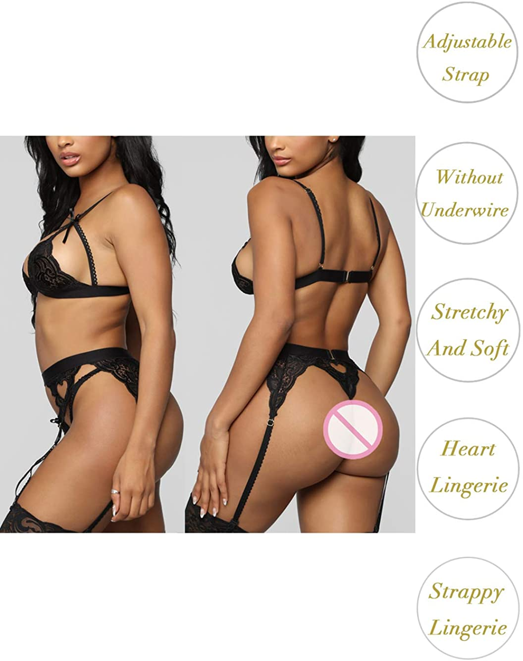 Kaei&Shi Sexy Lingerie for Women, Heart Lingerie Set with Garter Belt, Lace Bondage Lingerie Bra and Panty Sets Apparel & Accessories > Clothing > Underwear & Socks > Lingerie Kaei&Shi   