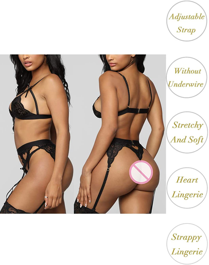 Kaei&Shi Sexy Lingerie for Women, Heart Lingerie Set with Garter Belt, Lace Bondage Lingerie Bra and Panty Sets Apparel & Accessories > Clothing > Underwear & Socks > Lingerie Kaei&Shi   