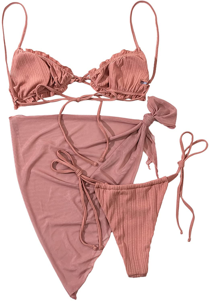 SOLY HUX Women's Wrap Triangle Bikini Bathing Suits with Mesh Beach Skirt 3 Piece Swimsuits Apparel & Accessories > Clothing > Swimwear KYLIE MAX   