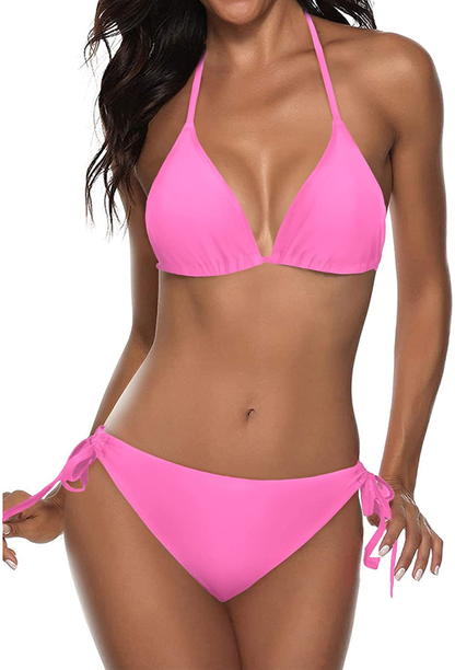 Tempt Me Women Two Piece Halter Padded Top Tie Side Bottom Triangle Bikini Bathing Suit Apparel & Accessories > Clothing > Swimwear Tempt Me Neon Pink XX-Large 