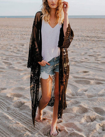 Bsubseach Women Sexy Lace Crochet Open Front Swimsuit Beach Long Kimono Cover Ups Apparel & Accessories > Clothing > Swimwear Kylie Max   