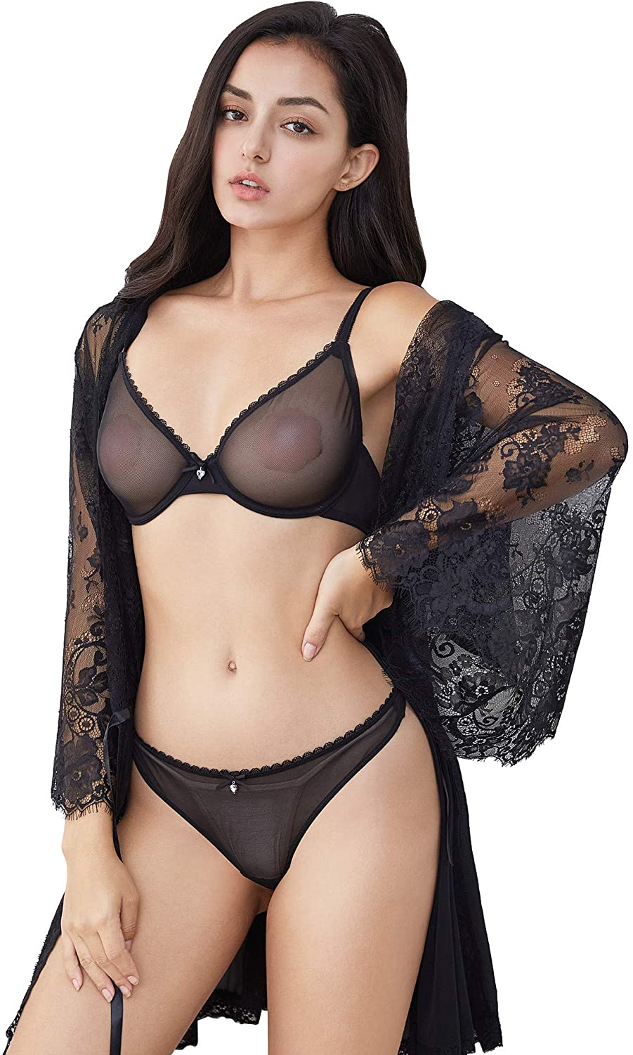 Varsbaby Women See-Through Lace Push up Transparent Everyday Bra Apparel & Accessories > Clothing > Underwear & Socks > Lingerie Varsbaby Black With Thong 40E 