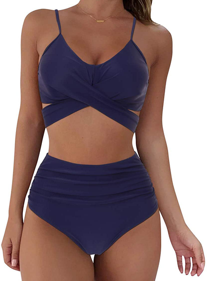 SUUKSESS Women Wrap Bikini Set Push Up High Waisted 2 Piece Swimsuits Apparel & Accessories > Clothing > Swimwear SUUKSESS 87 Navy Blue 4-6 