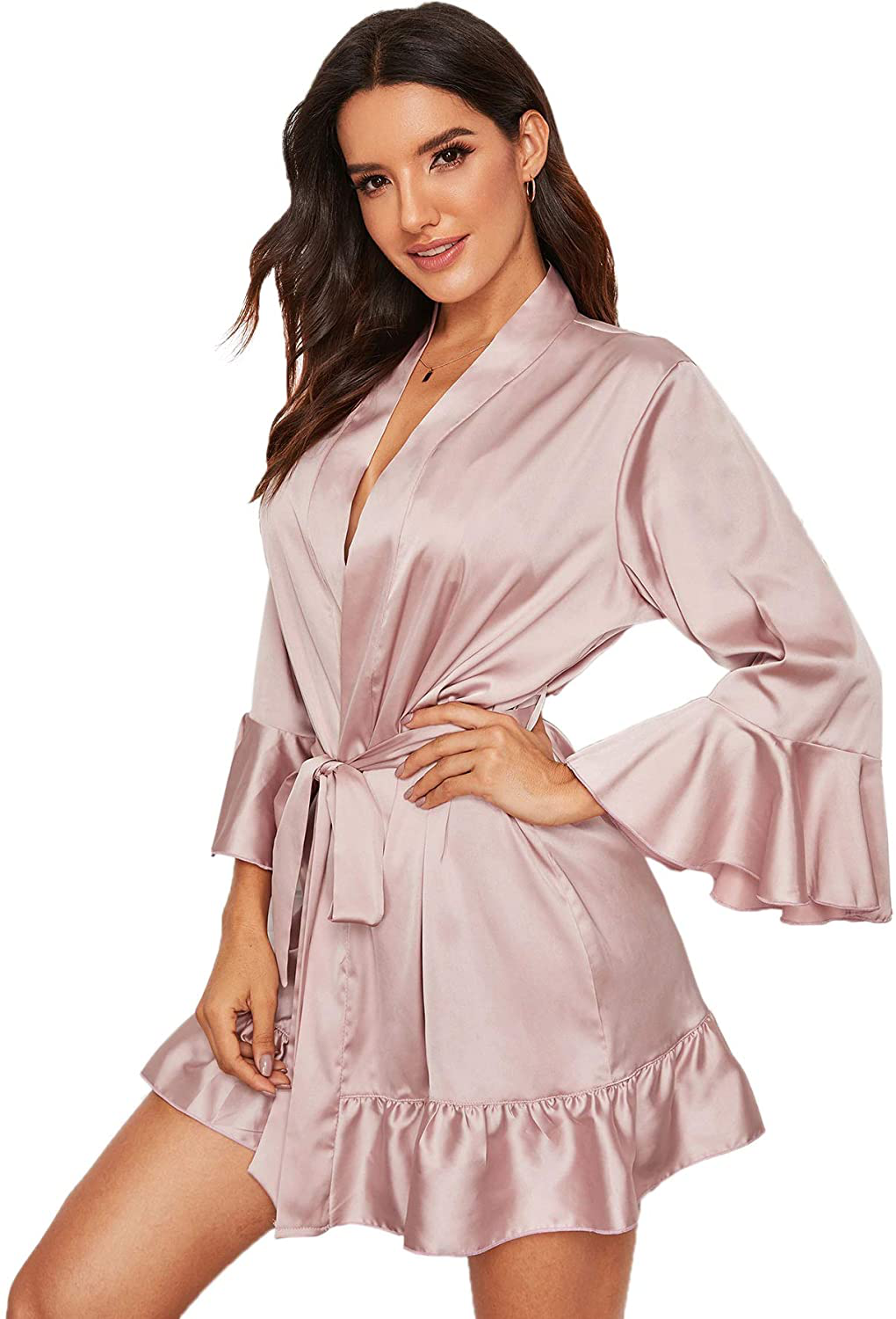 Floerns Women'S Ruffle Hem Belted Satin Kimono Bridesmaids Robe Apparel & Accessories > Clothing > Sleepwear & Loungewear > Robes Floerns   
